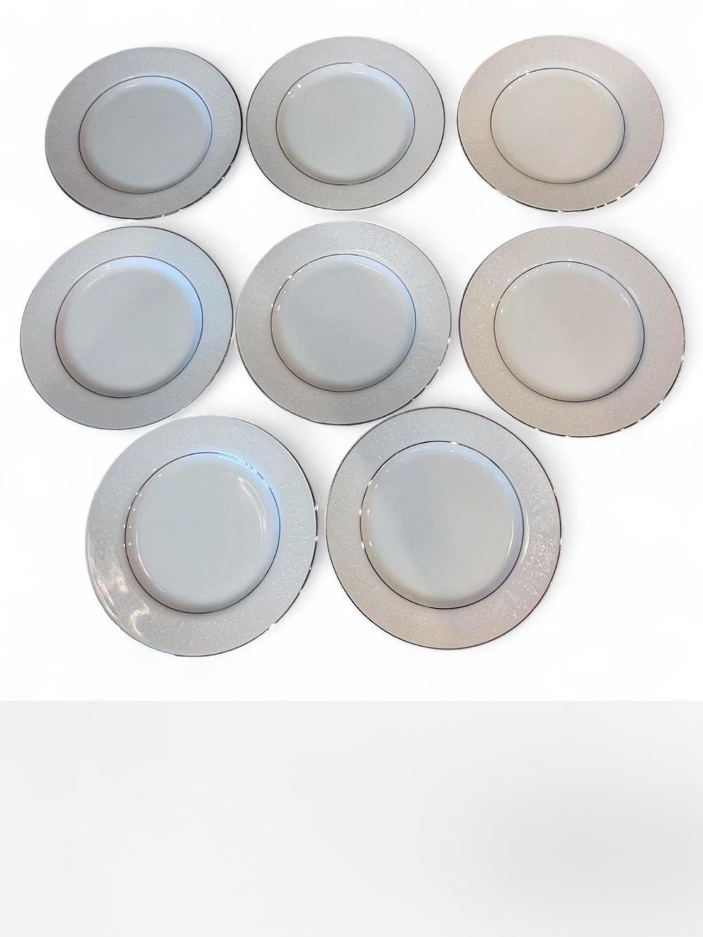 Vintage white Crown Victoria Love Lace bread Plates with Silver Rim - Set of 8